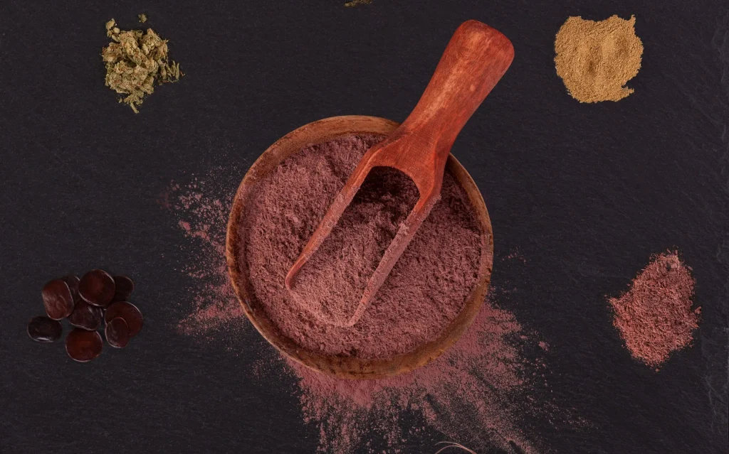 Various spices and wooden scoop on dark background