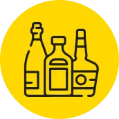 Two bottles of alcohol in a yellow circle.