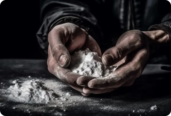 A man's hands holding a pile of white powder.