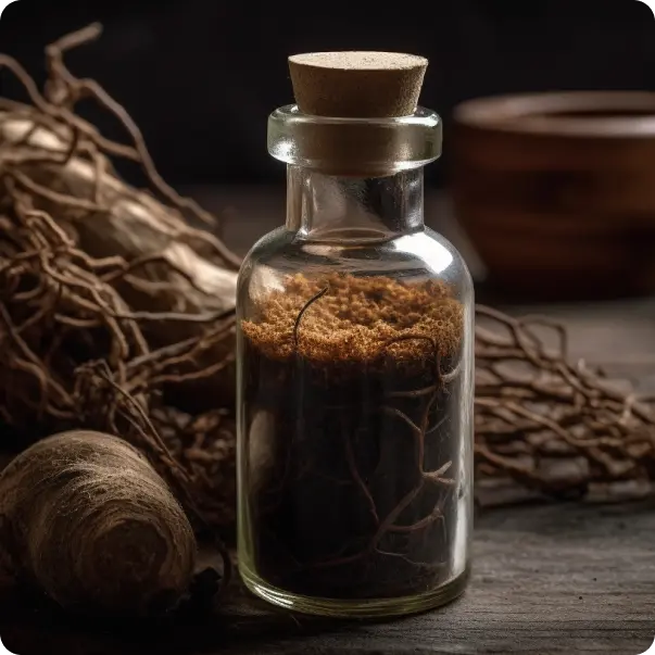 Ginseng in a glass bottle on a wooden table.