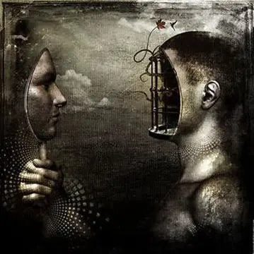 Surreal artwork of person with mirror and cage head.